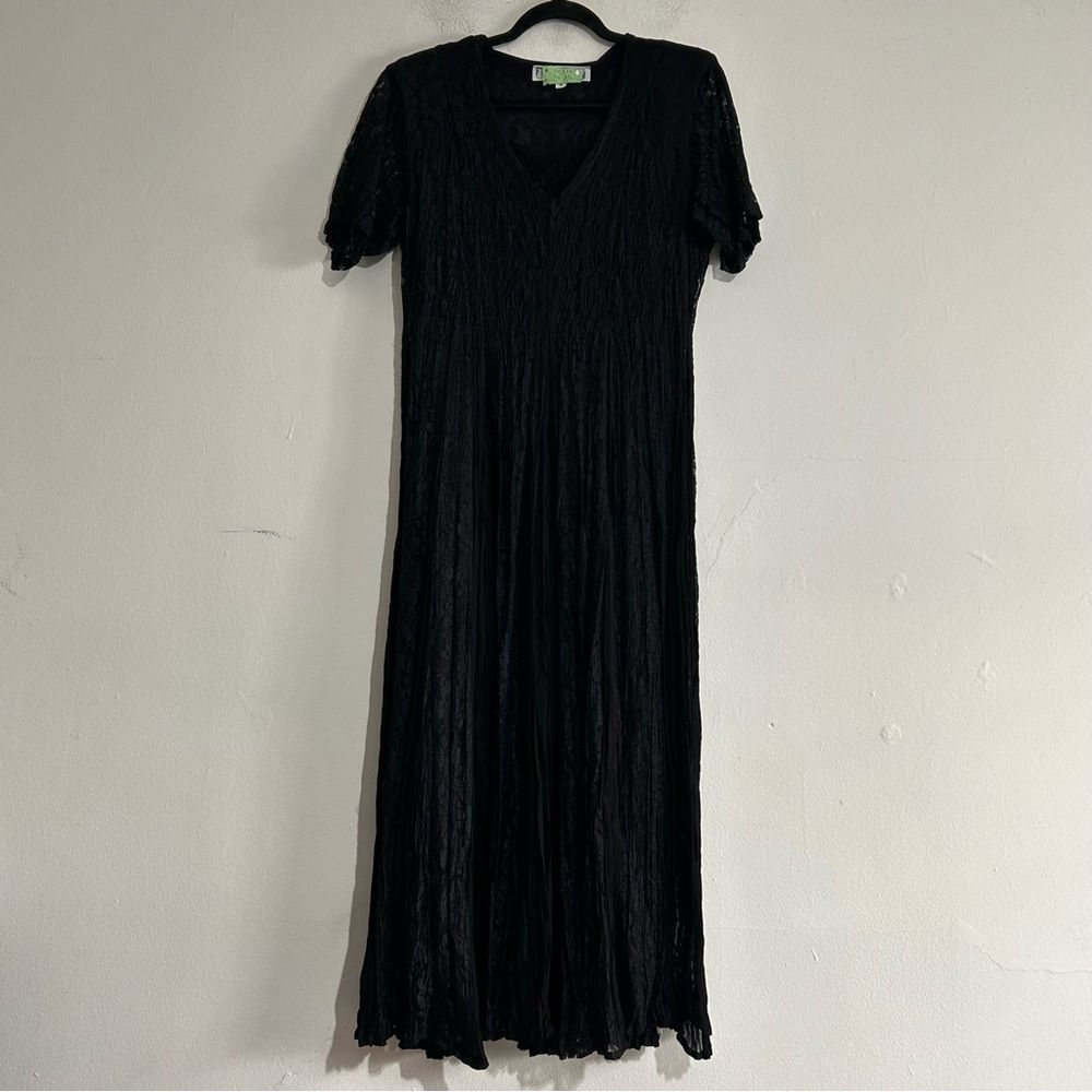 Vintage Lace Crinkle Short Sleeve Maxi Dress Whimsigoth Fairy Ren Fair Witchy